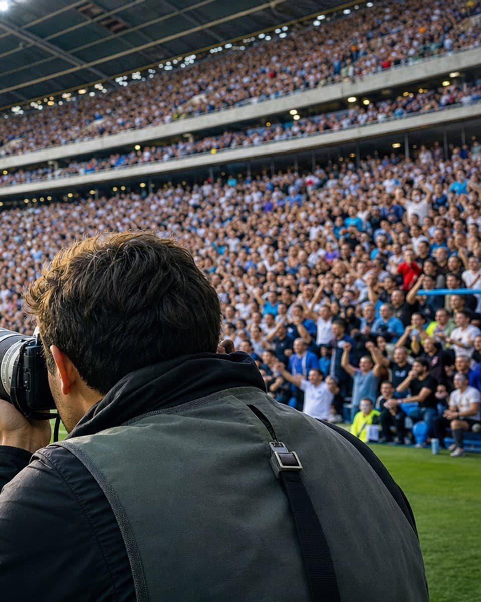 Fotógrafo trabalhando diante de uma arquibancada cheia em um estádio